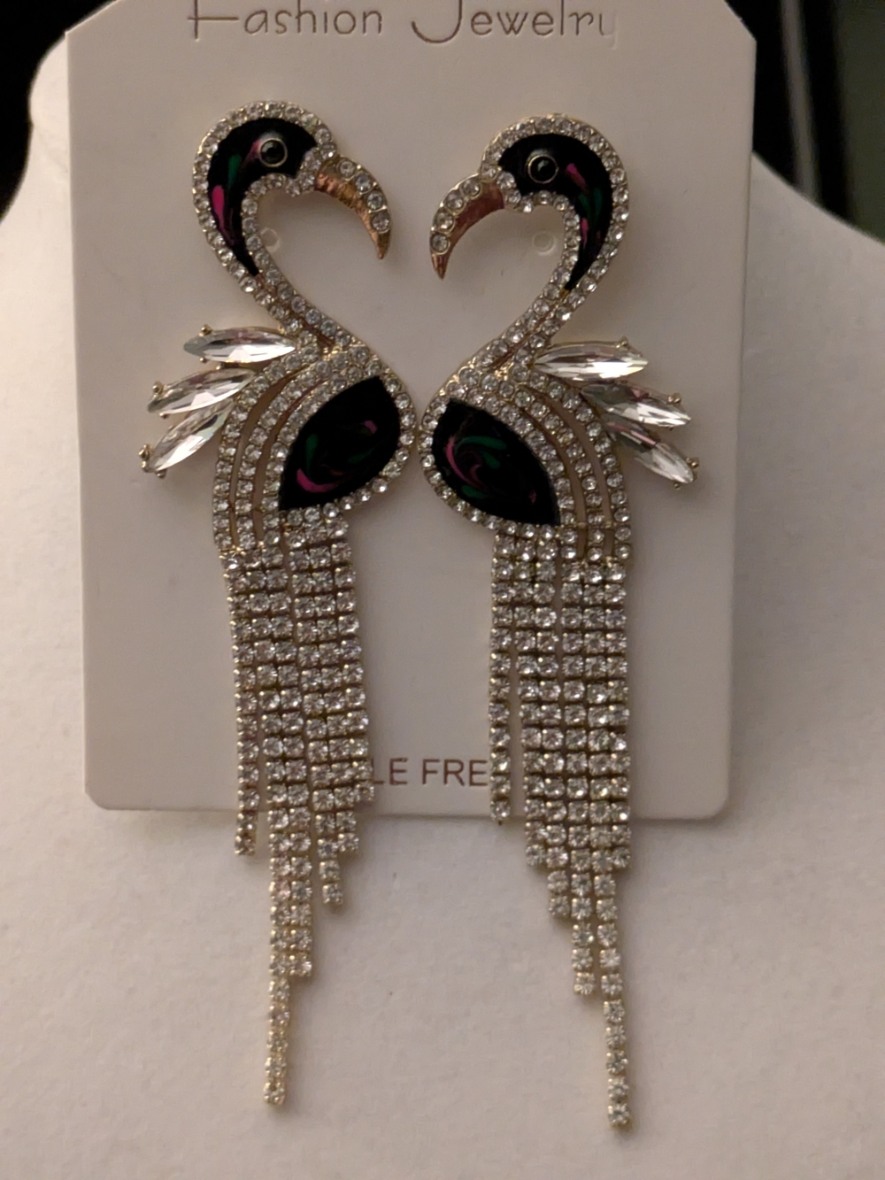 Fashion Jewelry Black and Gold Rhinestone Flamingo Drop Earrings